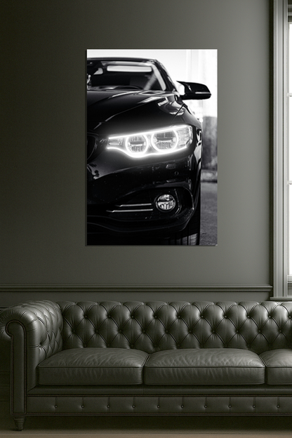 Siyah Otomobil UV Baskı Neon Duvar Tablosu | Beyaz LED Far Detaylı Pleksi Dekor | Modern Otomobil Duvar Sanatı