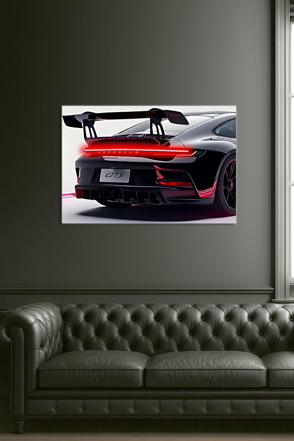 Siyah Spor Araba UV Baskı Neon Duvar Dekoru | GT Tarzı Pleksi Tablo | Kırmızı Işıklı Modern Duvar Sanatı