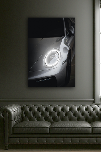 Gri Spor Otomobil UV Baskı Neon Tablo | Yuvarlak LED Far Detaylı Pleksi Duvar Dekoru | Minimalist Otomobil Sanatı