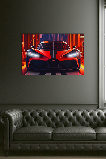 Kırmızı Bugatti Tarzı UV Baskı Neon Duvar Dekoru | Pleksi Işıklı Süper Araba Tablo | Gamer Room Duvar Sanatı