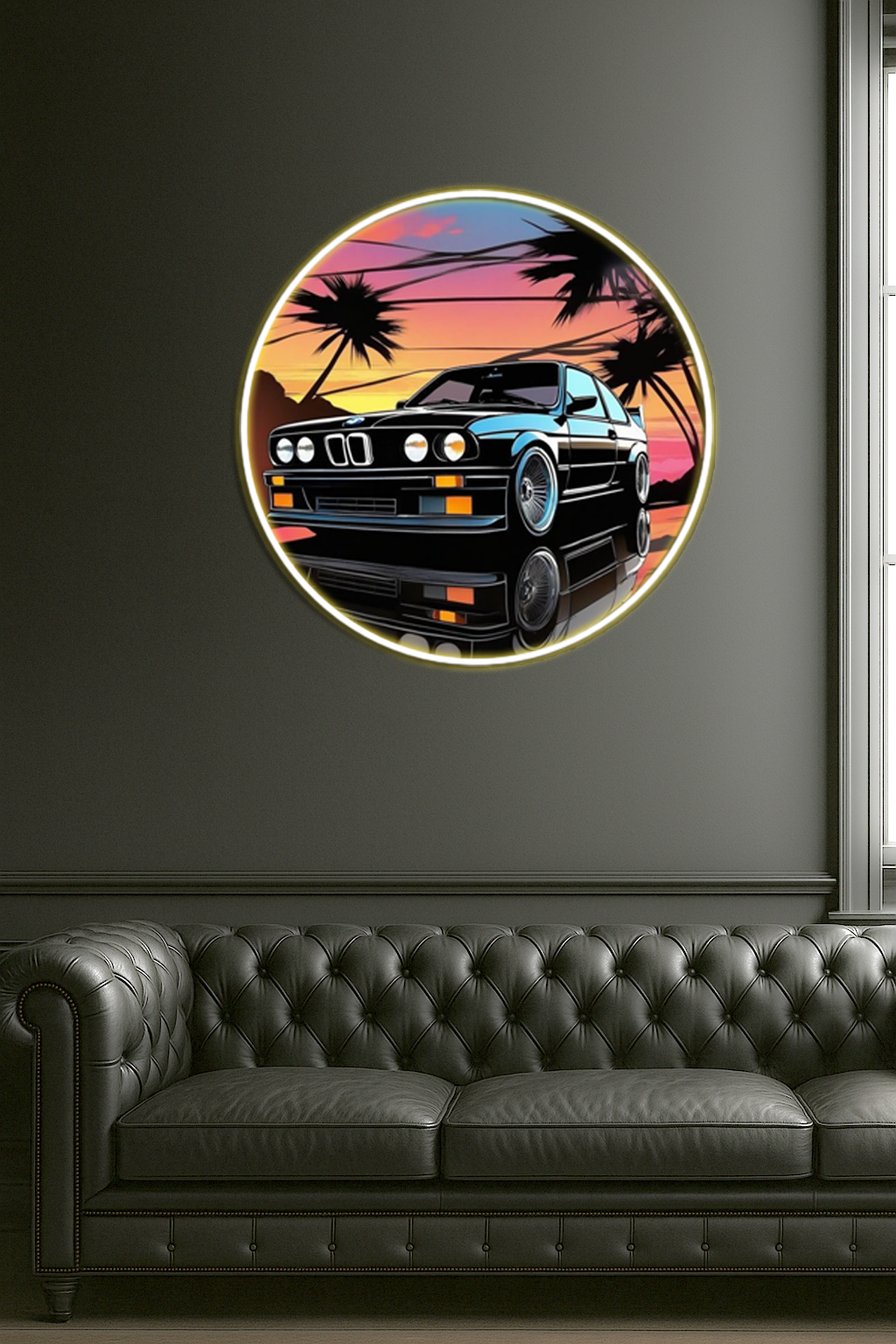Retro BMW Tarzı Yuvarlak UV Baskı Neon Duvar Dekoru | Gün Batımı Temalı Pleksi Işıklı Tablo | Modern Ev Dekoru