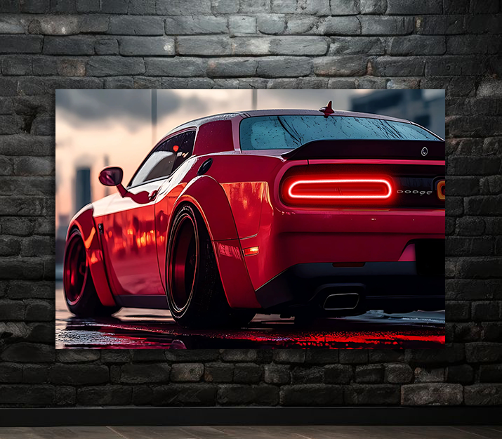 Kırmızı Muscle Car UV Baskı Neon Duvar Dekoru | Pleksi Işıklı Spor Araba Tablo | Modern Ev ve Ofis Dekoru