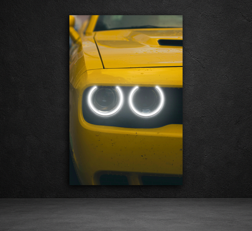 Spor Otomobil UV Baskı Neon Tablo | Çift LED Far Detaylı Pleksi Duvar Dekoru | Enerjik Otomobil Duvar Sanatı