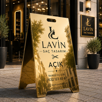 Aynalı Gold Paslanmaz A Tabela | Lüks Metal Kaldırım Tabelası | Dış Mekan Reklam Standı