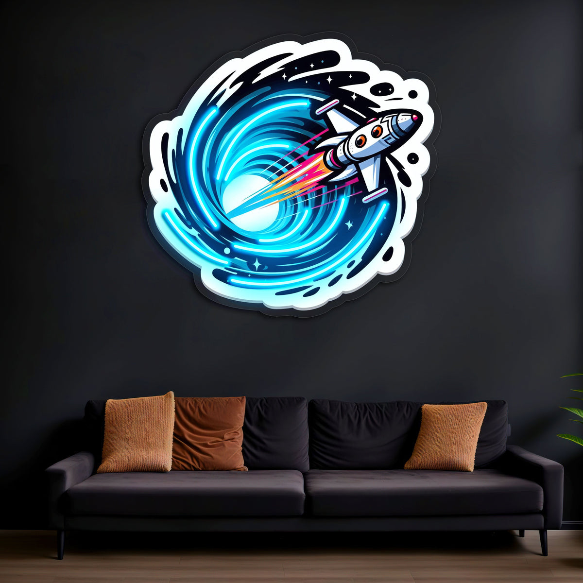 Roket Temalı Neon Duvar Dekoru | Uzay ve Astronot Konseptli LED Tablo