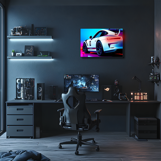 Beyaz GT Yarış Araba UV Baskı Neon Duvar Dekoru | Pleksi Işıklı Spor Araba Tablo