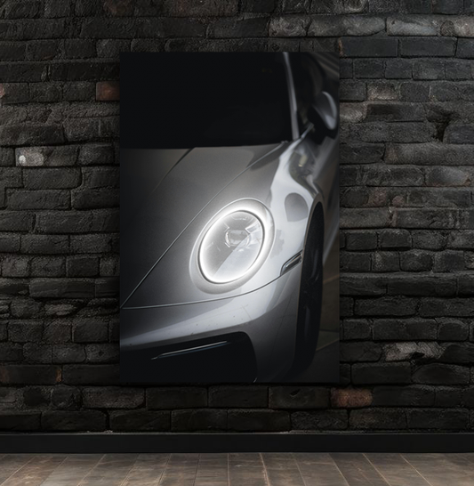 Gri Spor Otomobil UV Baskı Neon Tablo | Yuvarlak LED Far Detaylı Pleksi Duvar Dekoru | Minimalist Otomobil Sanatı