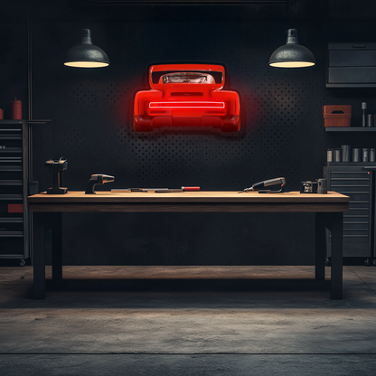 Kırmızı Spor Araba UV Baskı Neon Duvar Dekoru | Pleksi Işıklı Araba Tablo | Garaj ve Atölye Duvar Sanatı