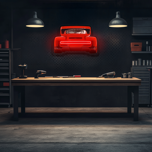 Kırmızı Spor Araba UV Baskı Neon Duvar Dekoru | Pleksi Işıklı Araba Tablo | Garaj ve Atölye Duvar Sanatı