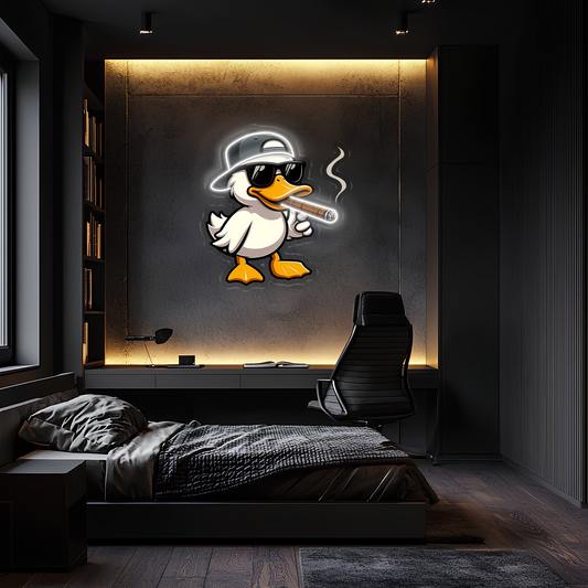 Cool Duck Neon Duvar Dekoru | Eğlenceli Karikatür Işıklı Tablo | UV Baskı Pleksi Neon | Genç ve Gamer Oda Dekoru