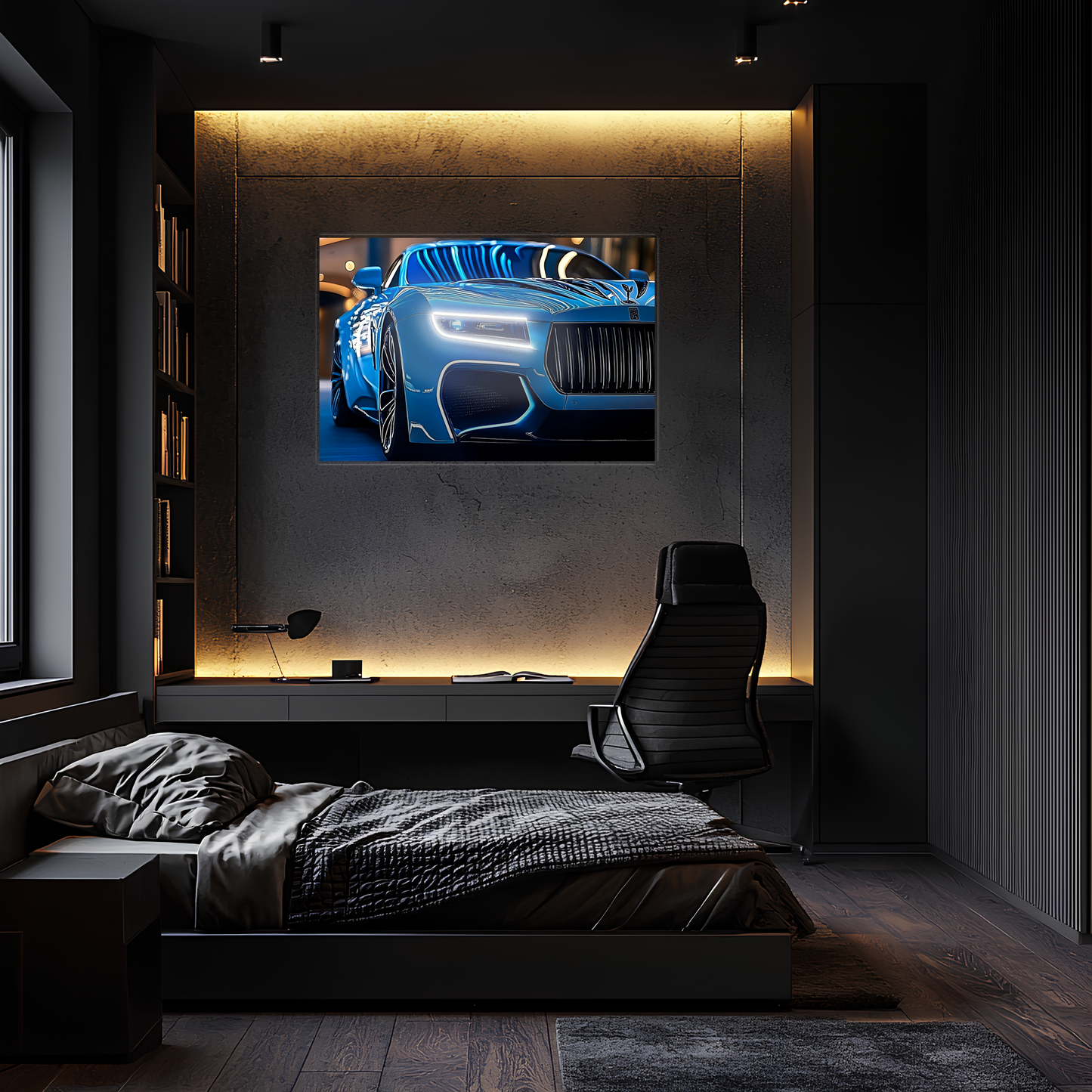 Mavi Spor Araba UV Baskı Neon Duvar Dekoru | Gamer Room Pleksi Işıklı Tablo | Modern Araba Temalı Duvar Sanatı