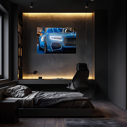 Mavi Spor Araba UV Baskı Neon Duvar Dekoru | Gamer Room Pleksi Işıklı Tablo | Modern Araba Temalı Duvar Sanatı