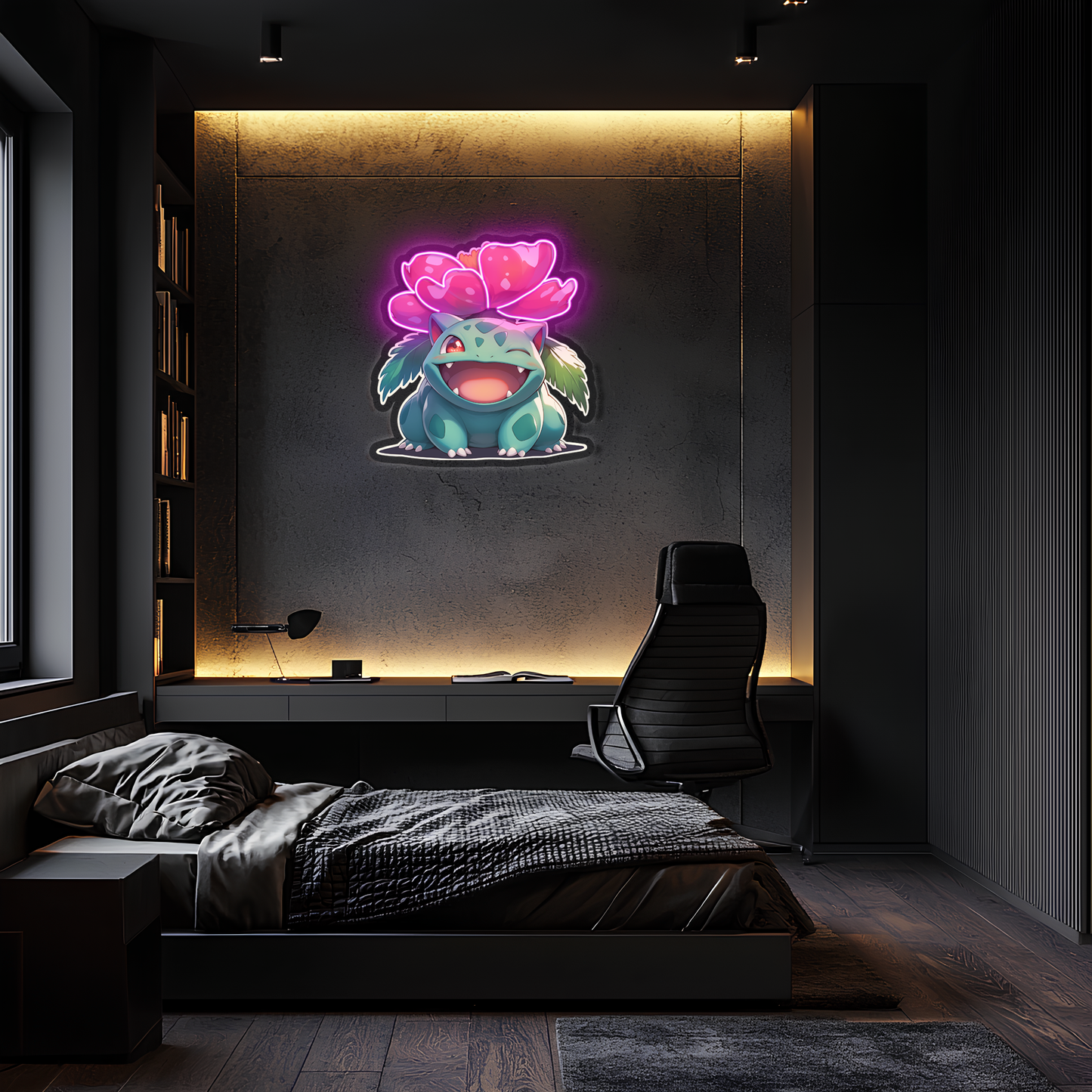 Venusaur Neon Duvar Dekoru | Renkli Çiçekli Pokémon Temalı Işıklı LED Tablo | Pleksi UV Baskı Neon Sanatı