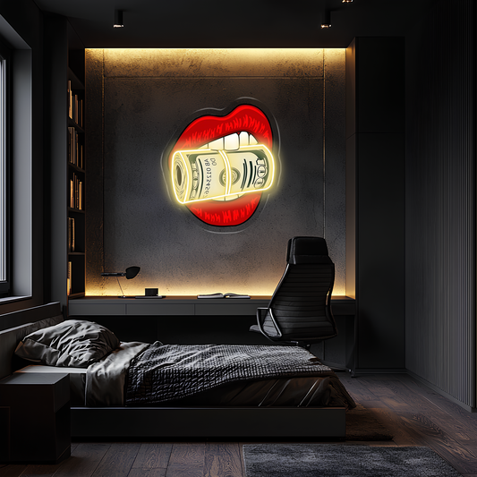 Pop Art Dudak Neon Duvar Dekoru | Para Rulosu Isıran Dudak Tasarımı | Işıklı LED Pleksi Duvar Sanatı