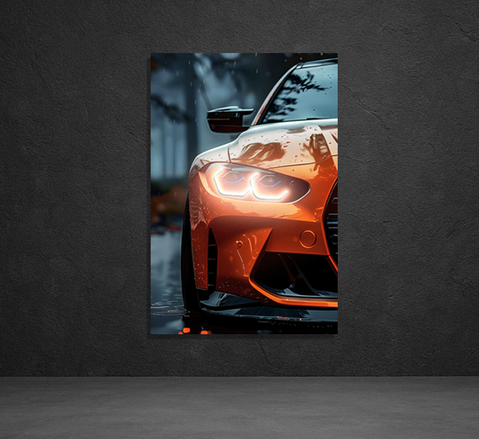 Turuncu Spor Otomobil UV Baskı Neon Duvar Dekoru | Pleksi Üzeri LED Işıklı Tablo | Modern Araba Duvar Sanatı