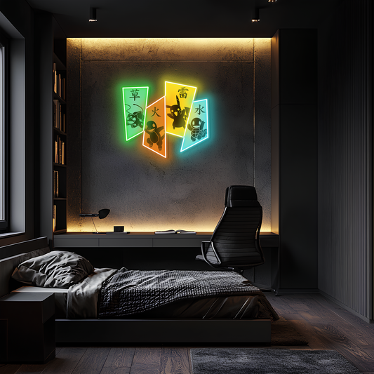 Dörtlü Pokémon Neon Duvar Dekoru | Charmander Squirtle Bulbasaur Temalı LED Duvar Işığı | Gamer & Anime Odası Dekoru