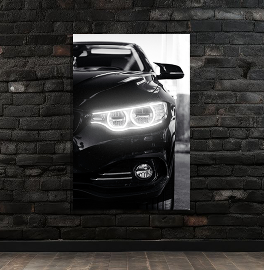 Siyah Otomobil UV Baskı Neon Duvar Tablosu | Beyaz LED Far Detaylı Pleksi Dekor | Modern Otomobil Duvar Sanatı