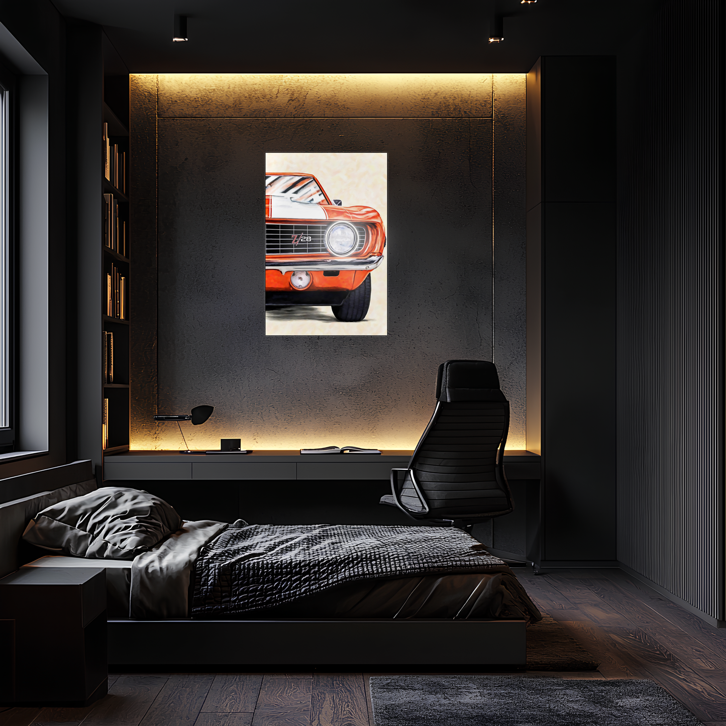 Klasik Camaro Tarzı UV Baskı Neon Duvar Dekoru | Turuncu Amerikan Araba Tablo | Pleksi Işıklı Duvar Sanatı