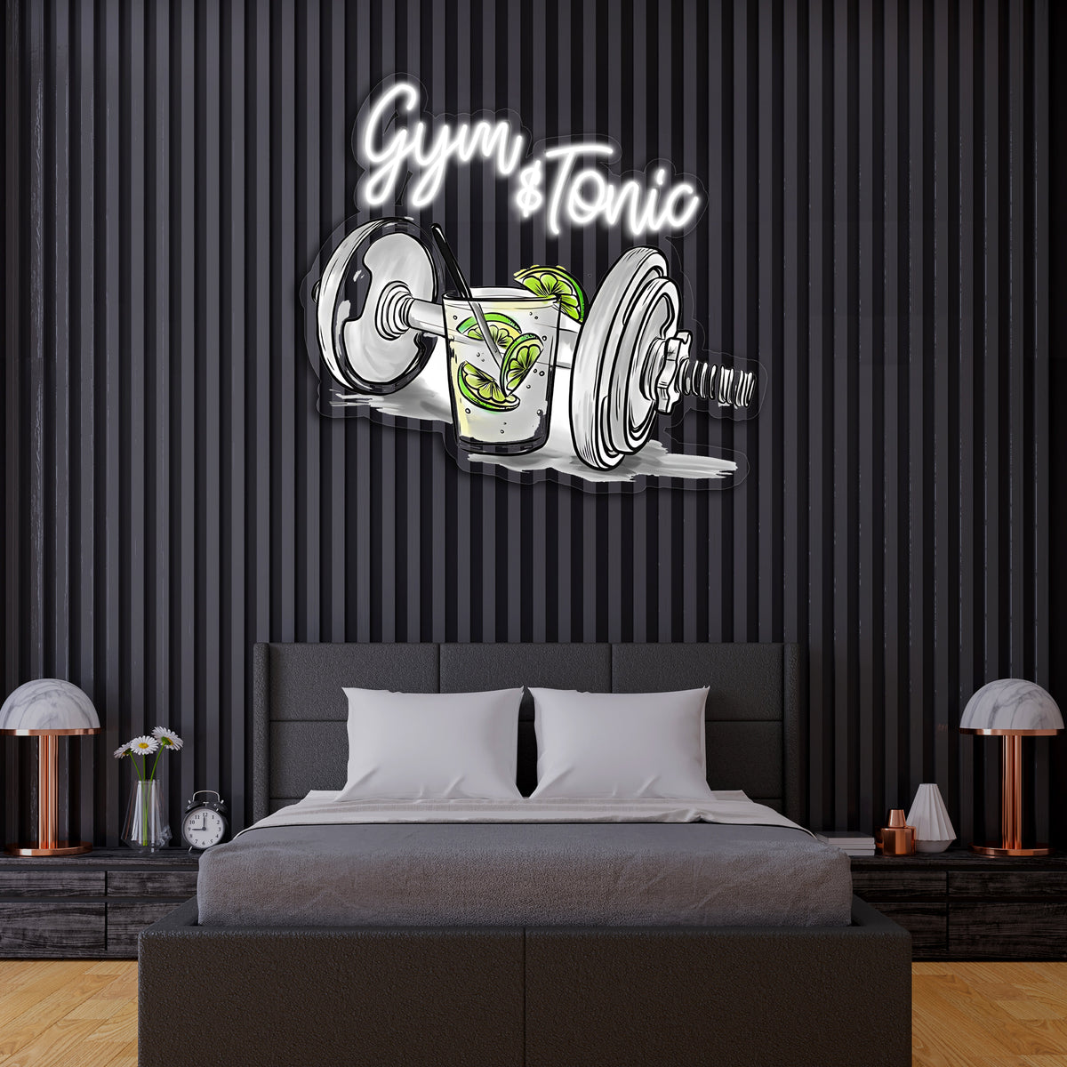 Gym & Tonic Neon Duvar Dekoru | Spor ve Kokteyl Temalı LED Işıklı Tablo | UV Baskı Pleksi Neon