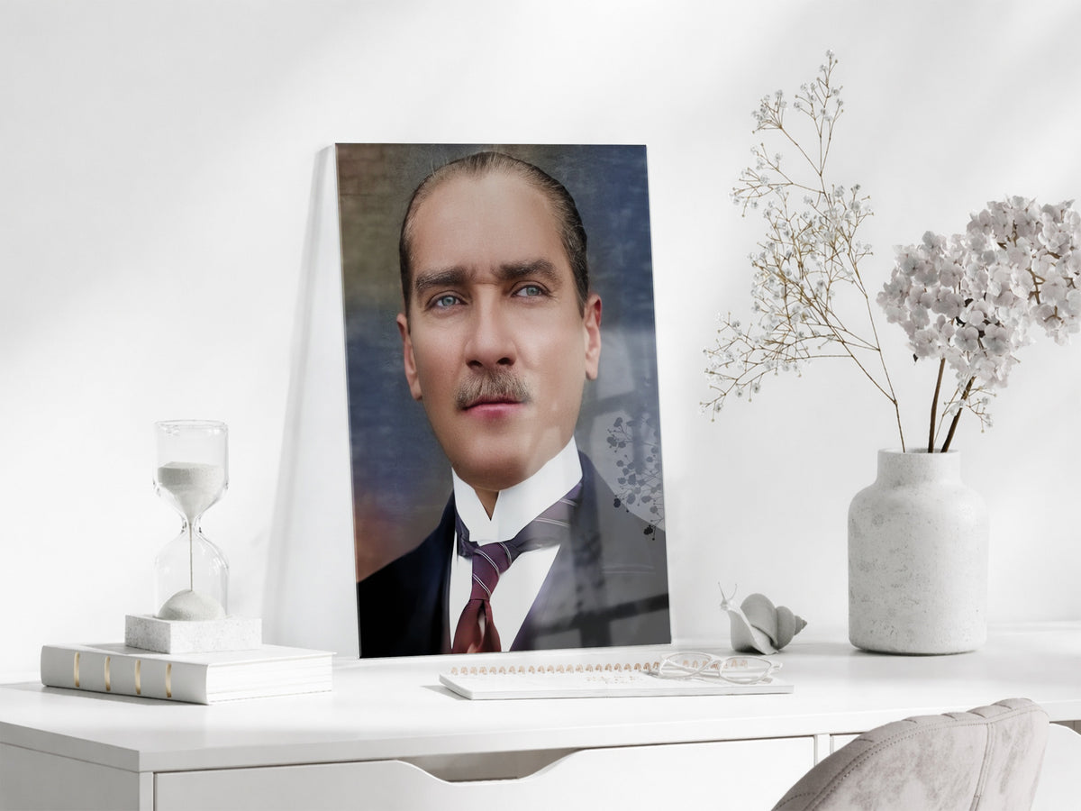 Atatürk Cam Tablo – Zamansız ve Asil Portre, 4 mm Temperli Cam Üzerine Modern Duvar Dekoru