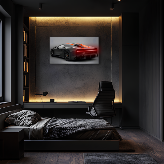 Siyah Bugatti Tarzı UV Baskı Neon Duvar Dekoru | Pleksi Işıklı Süper Araba Tablo