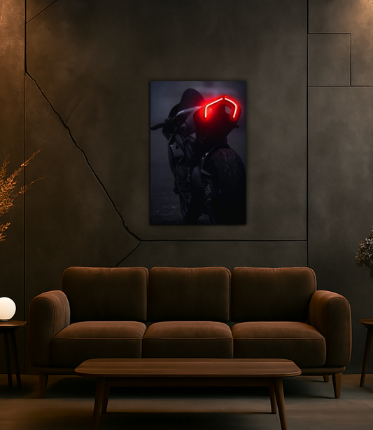Siyah Motosiklet UV Baskı Neon Duvar Dekoru | Kırmızı Işıklı Pleksi Tablo