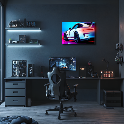 Beyaz GT Yarış Araba UV Baskı Neon Duvar Dekoru | Pleksi Işıklı Spor Araba Tablo | Gamer Room Duvar Sanatı