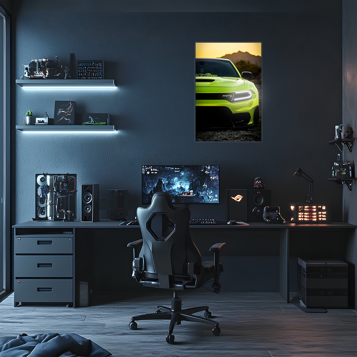 Yeşil SRT Tarzı UV Baskı Neon Duvar Dekoru | Pleksi Işıklı Muscle Car Tablo | Gamer Room Duvar Sanatı