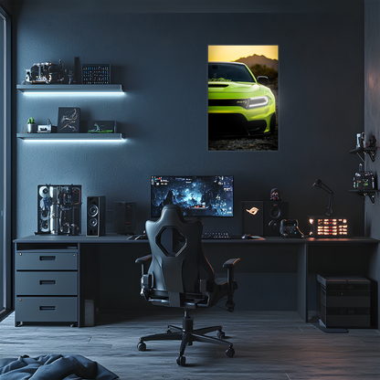 Yeşil SRT Tarzı UV Baskı Neon Duvar Dekoru | Pleksi Işıklı Muscle Car Tablo | Gamer Room Duvar Sanatı