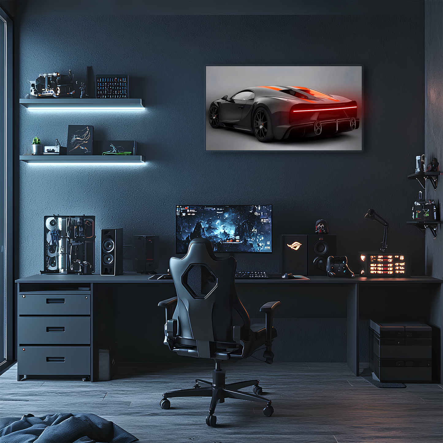 Siyah Bugatti Tarzı UV Baskı Neon Duvar Dekoru | Pleksi Işıklı Süper Araba Tablo | Modern Ev ve Ofis Dekoru