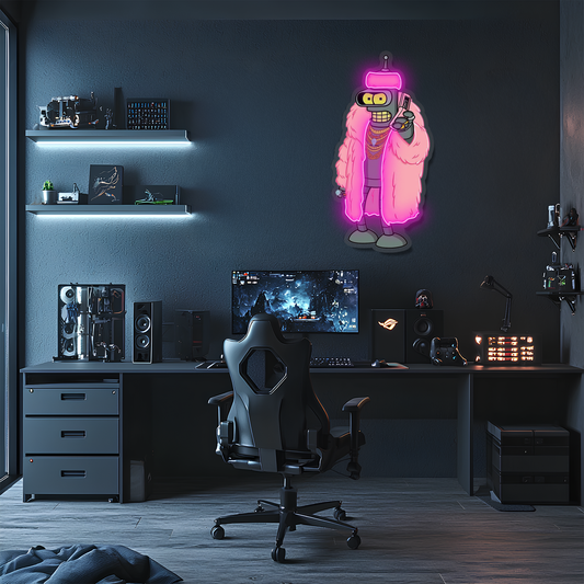 Pembe Ceketli Robot Neon Tablo | Oyun Odası LED Dekor