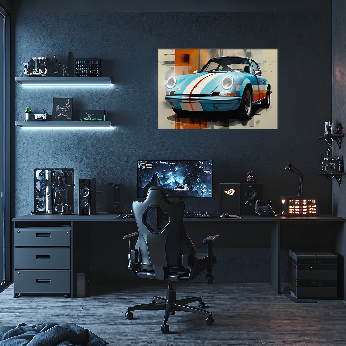 Mavi Retro Yarış Araba UV Baskı Neon Duvar Dekoru | Pleksi Işıklı Tablo | Gamer Room Duvar Sanatı