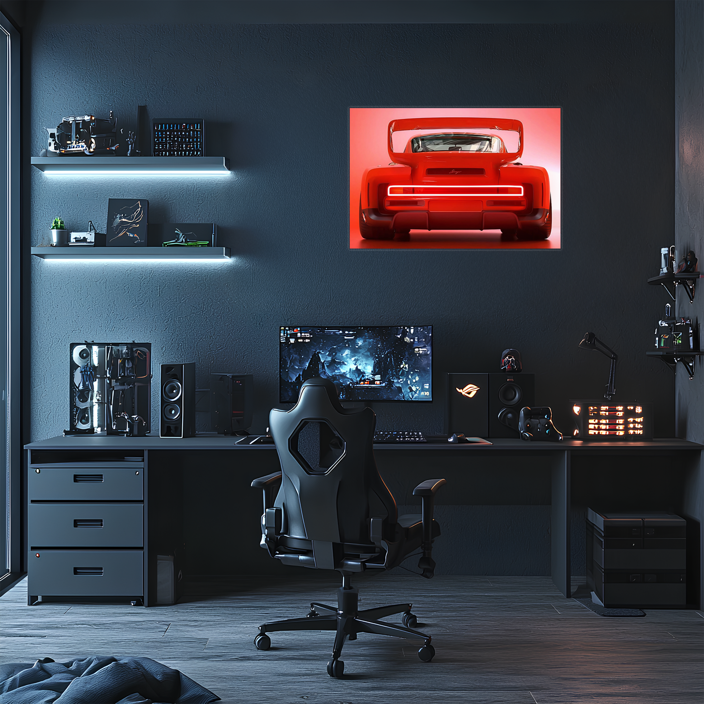 Kırmızı Muscle Car UV Baskı Neon Duvar Dekoru | Gamer Room Işıklı Araba Tablo | Pleksi Duvar Sanatı