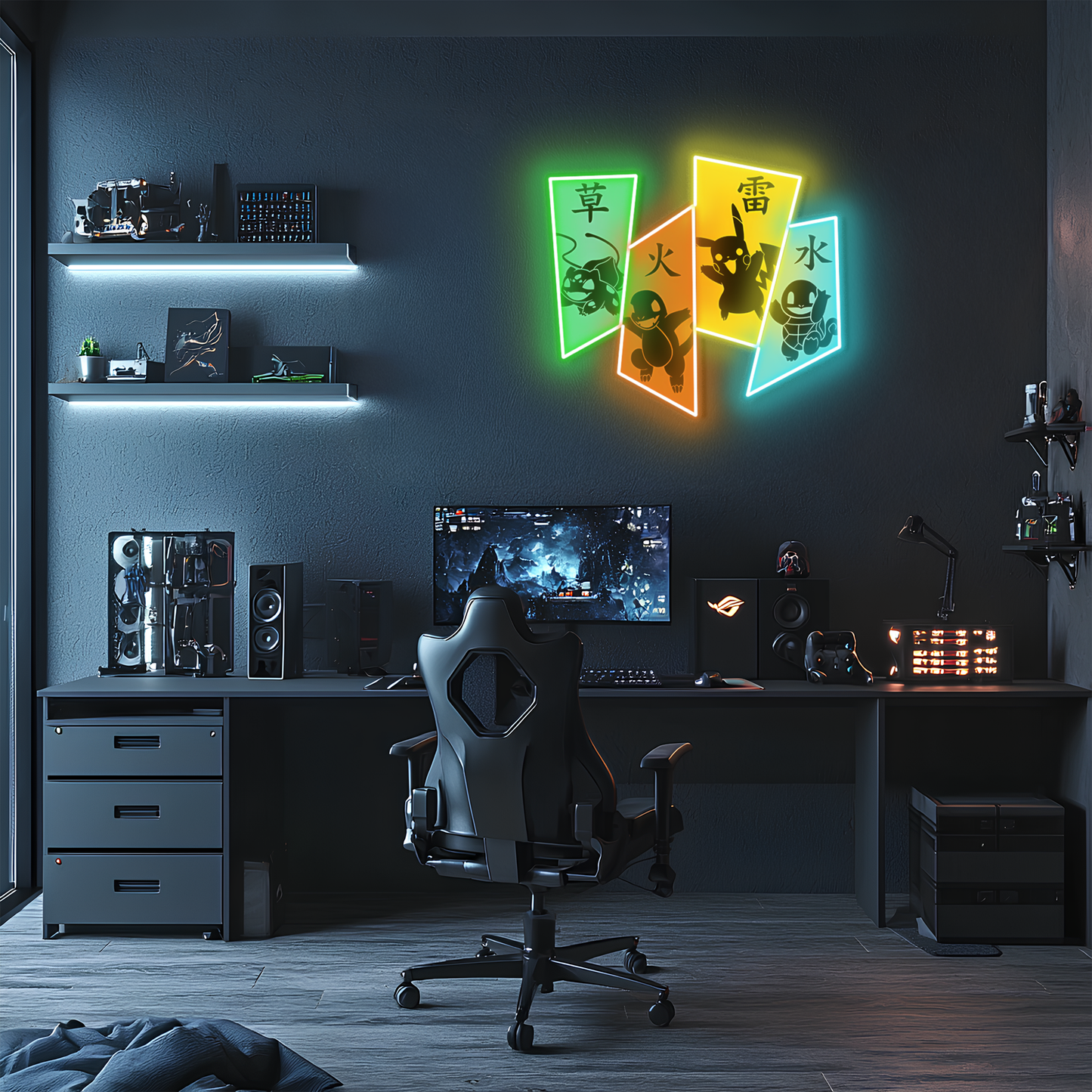 Dörtlü Pokémon Neon Duvar Dekoru | Charmander Squirtle Bulbasaur Temalı LED Duvar Işığı | Gamer & Anime Odası Dekoru