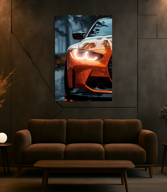 Turuncu Spor Otomobil UV Baskı Neon Duvar Dekoru | Pleksi Üzeri LED Işıklı Tablo | Modern Araba Duvar Sanatı
