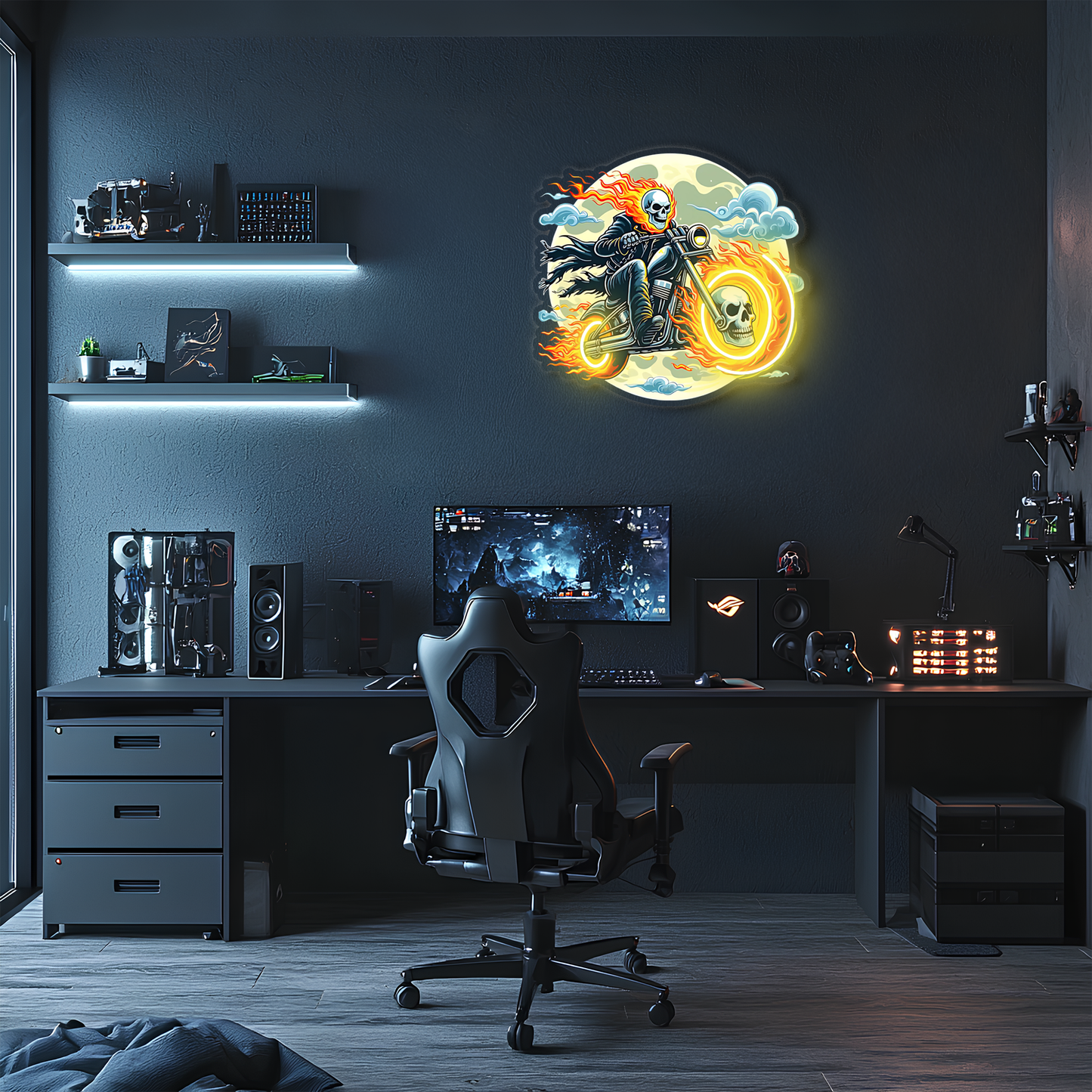 Ateşli Motorcu Neon Duvar Dekoru | İskelet Motosiklet Temalı LED Işıklı Pleksi Tablo | Gamer & Garaj Dekoru
