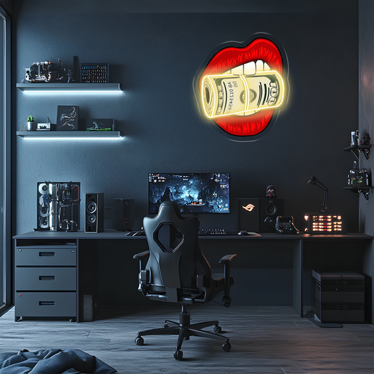 Pop Art Dudak Neon Duvar Dekoru | Para Rulosu Isıran Dudak Tasarımı | Işıklı LED Pleksi Duvar Sanatı