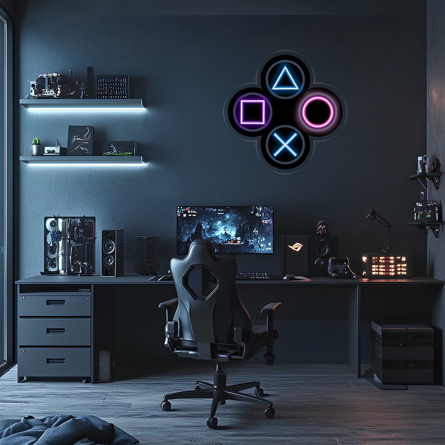 Gamer Neon Duvar Dekoru | RGB Oyun Konsolu Tuş Sembolleri LED Işıklı Pleksi Tablo | Oyun Odası Aydınlatması