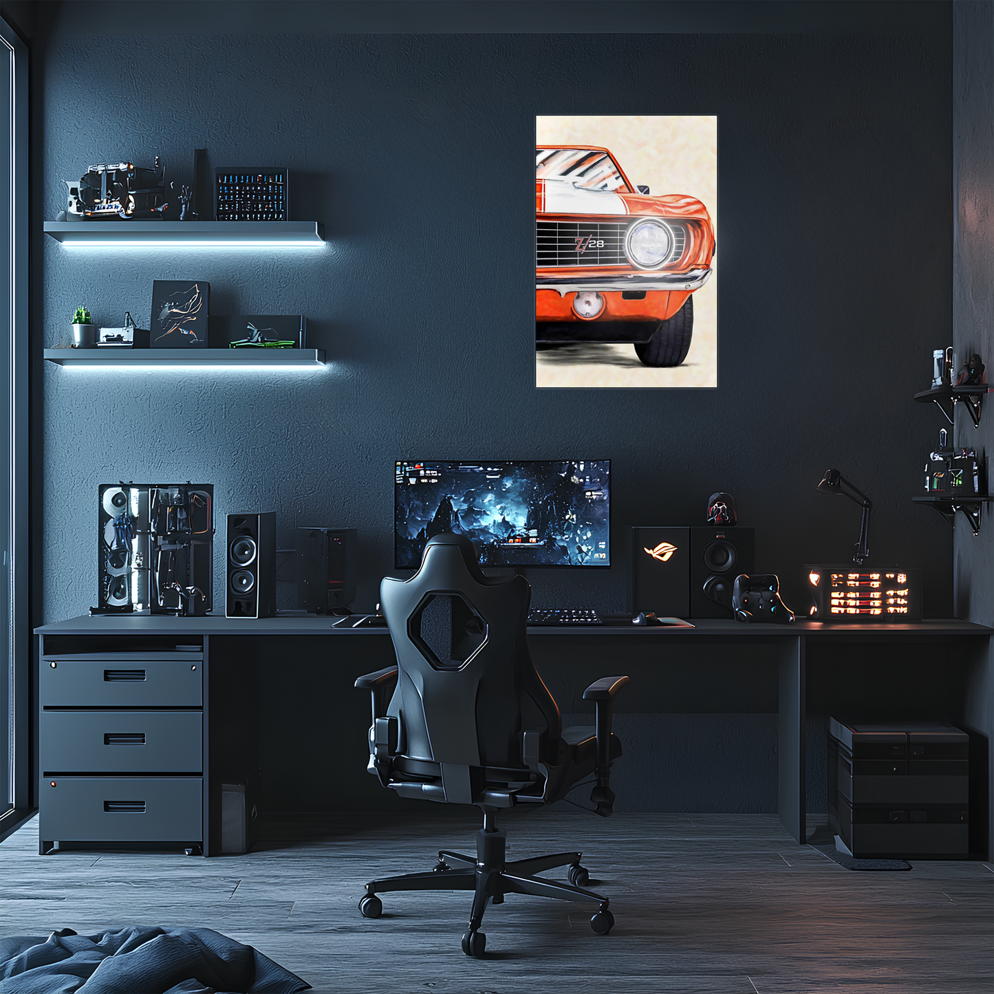 Klasik Camaro Tarzı UV Baskı Neon Duvar Dekoru | Turuncu Amerikan Araba Tablo | Pleksi Işıklı Duvar Sanatı