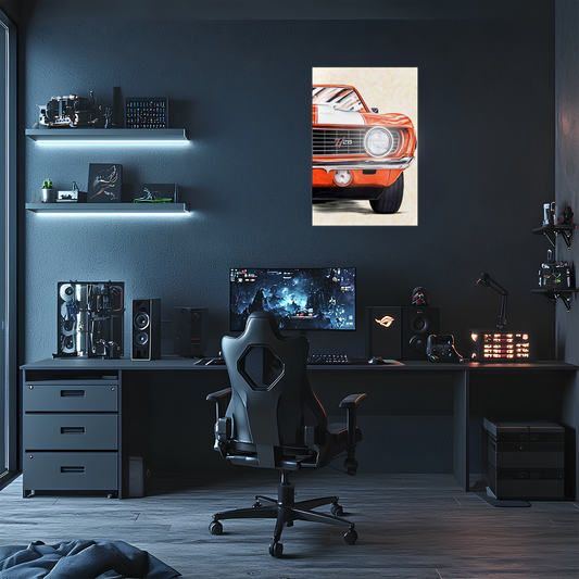 Klasik Camaro Tarzı UV Baskı Neon Duvar Dekoru | Turuncu Amerikan Araba Tablo | Pleksi Işıklı Duvar Sanatı