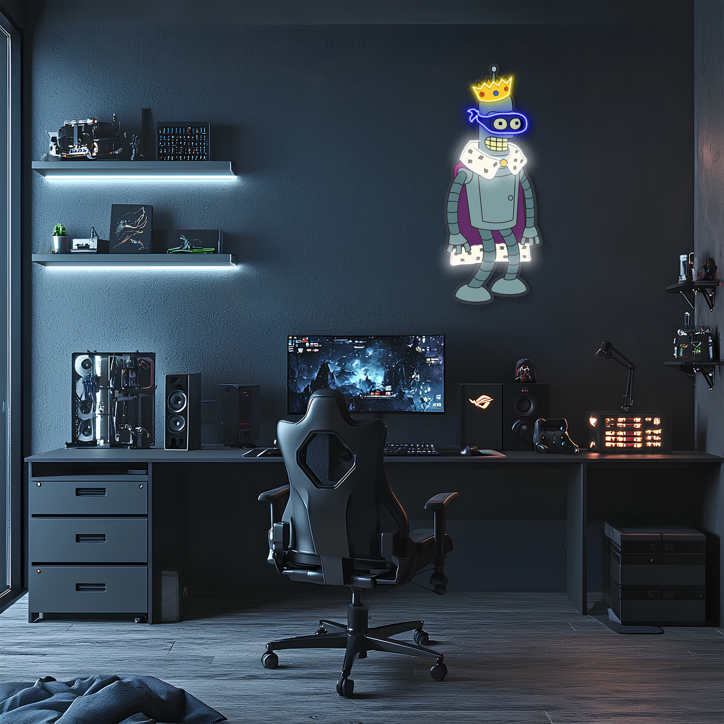 Kral Robot Neon Duvar Dekoru | Pleksi UV Baskı LED Işıklı Tablo | Oyun Odası ve Modern Ev Dekoru İçin Neon Sanat