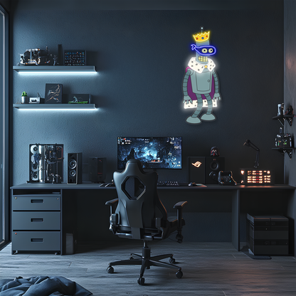 Kral Robot Neon Duvar Dekoru | Pleksi UV Baskı LED Işıklı Tablo | Oyun Odası ve Modern Ev Dekoru İçin Neon Sanat