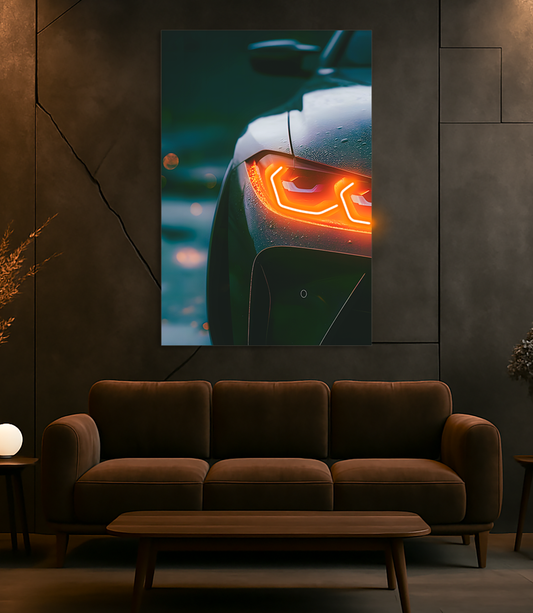 Turuncu Far Detaylı Spor Otomobil UV Baskı Neon Tablo | Pleksi LED Duvar Dekoru | Modern Otomobil Sanatı