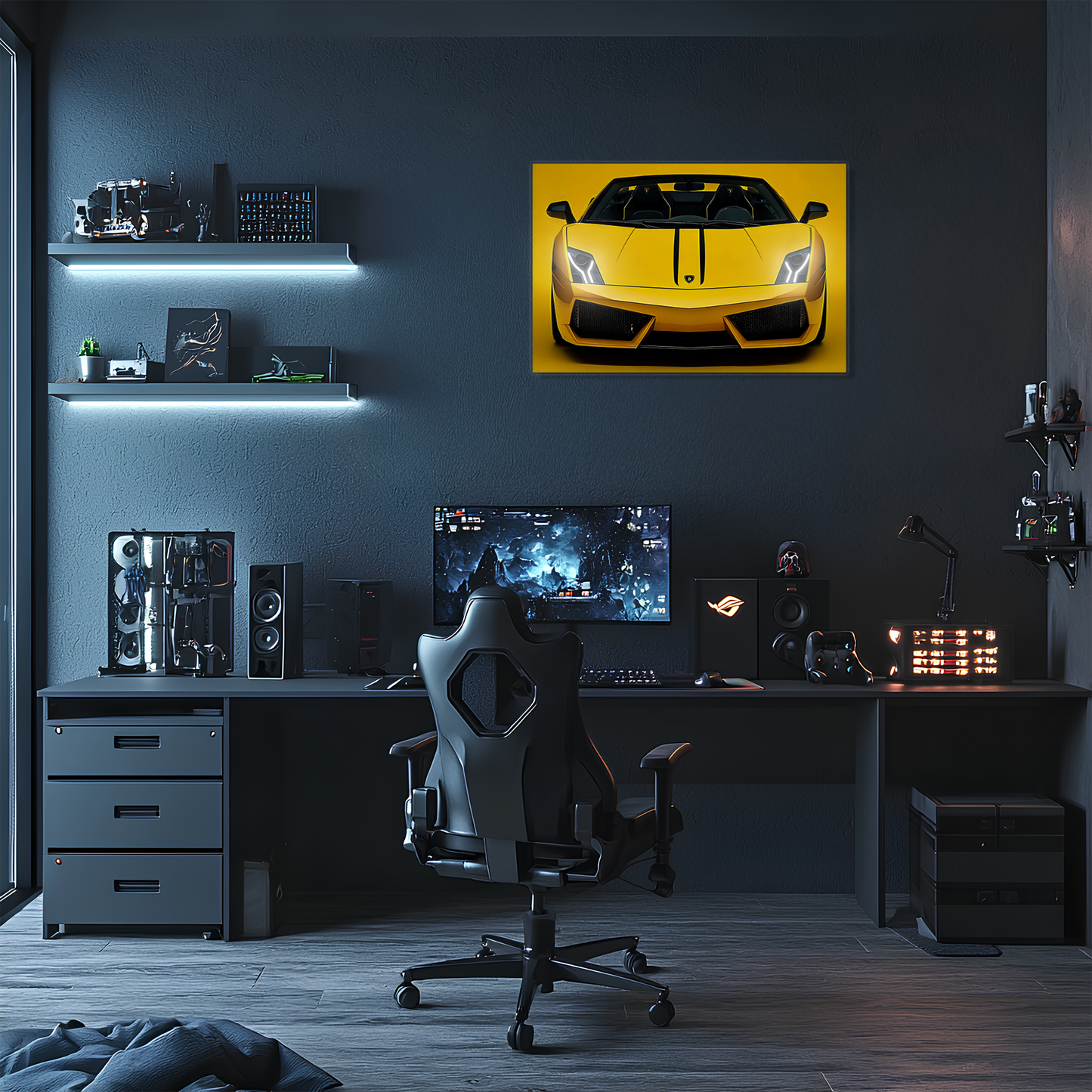 Sarı Lamborghini Tarzı UV Baskı Neon Duvar Dekoru | Pleksi Işıklı Spor Araba Tablo | Gamer Room Duvar Sanatı