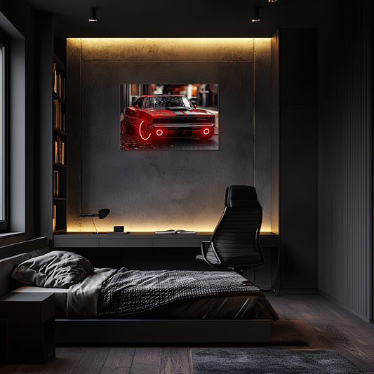 Kırmızı Charger Tarzı UV Baskı Neon Duvar Dekoru | Pleksi Işıklı Retro Araba Tablo