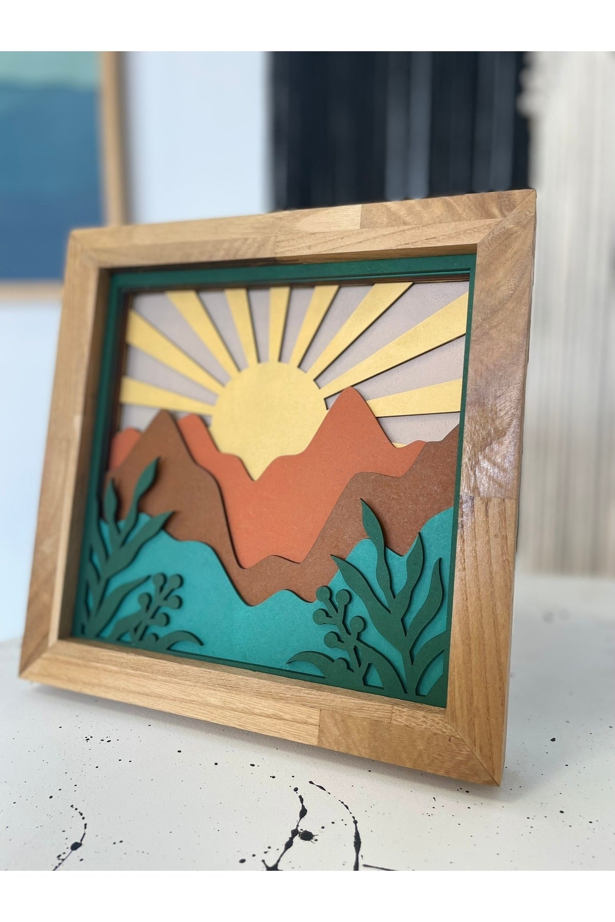 20x20cm El Yapımı 6 Katmanlı Ahşap Dağ ve Güneş Tablosu – Masif Çerçeveli
