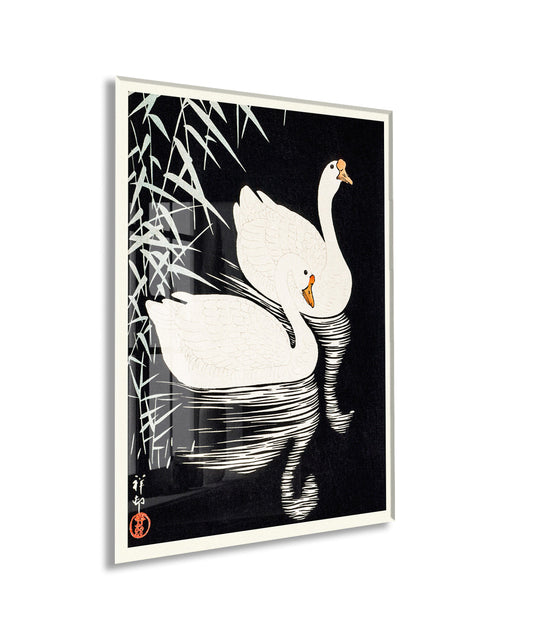 Japon Kuğuları Cam Tablo | Minimal Siyah Beyaz Ukiyo-e UV Baskılı Temperli Cam Tablo- Peony166