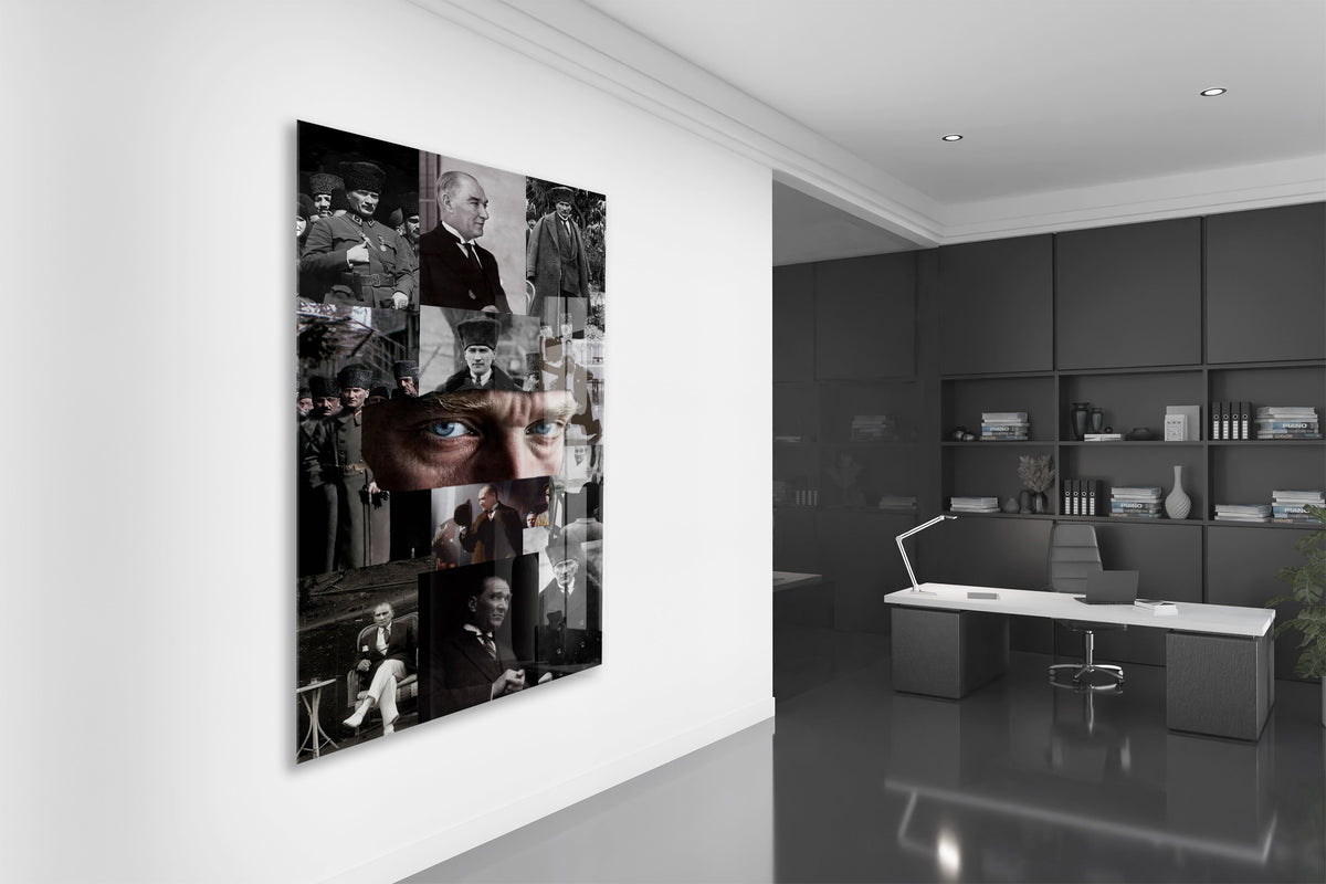 Atatürk Fotoğraf Kolajı Cam Tablo – Cumhuriyetin Kurucusu Temalı Özel Cam Duvar Tablosu -PeonyAta067