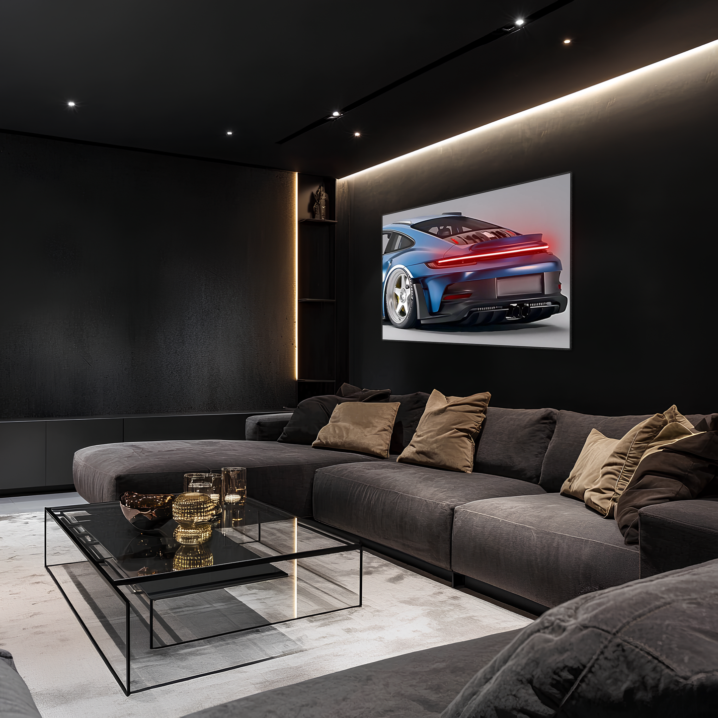 Mavi GT Tarzı Spor Araba UV Baskı Neon Duvar Dekoru | Pleksi Işıklı Tablo | Modern Ev ve Ofis Dekoru