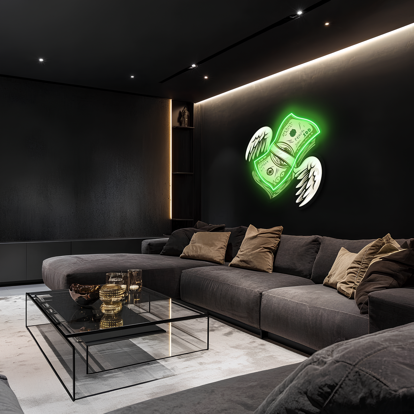 Uçan Para Neon Duvar Dekoru | Yeşil Işıklı Pleksi Tablo | Gamer Room ve Ofis İçin Modern Duvar Sanatı